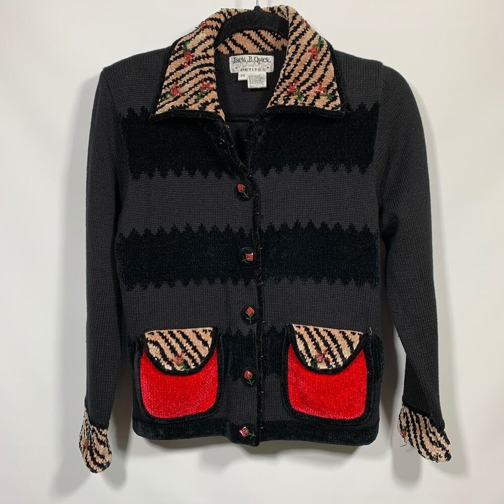 JACK B Quick Womans Cardigan Embellished Floral Black Animal Print Petite Small